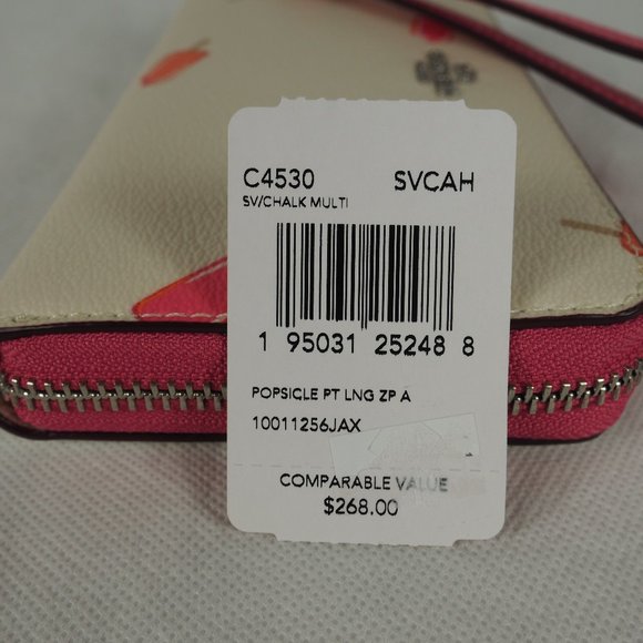 Coach Wallet Long Zip Around Leather Popsicle Print Chalk White Pink Multi C4530 - Picture 10 of 10